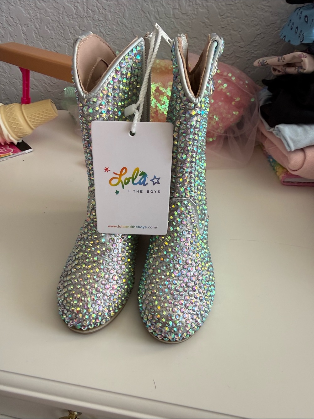 Lola + The Boys Iridescent Rhinestone Kids Boots - Silver Holographic